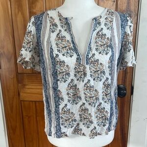 Lucky Brand White Blue Tan Paisley Floral Striped Short Sleeve top medium